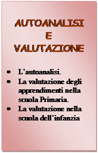 Casella di testo: AUTOANALISI
E
VALUTAZIONE

	Lautoanalisi.
	La valutazione degli apprendimenti nella scuola Primaria.
	La valutazione nella scuola dellinfanzia


